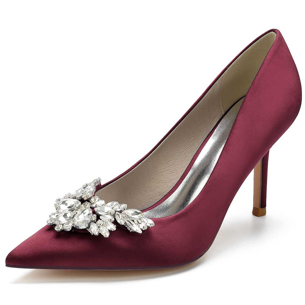 Elegant burgundy satin rhinestone heels for parties with a stylish pointed toe and decorative embellishments