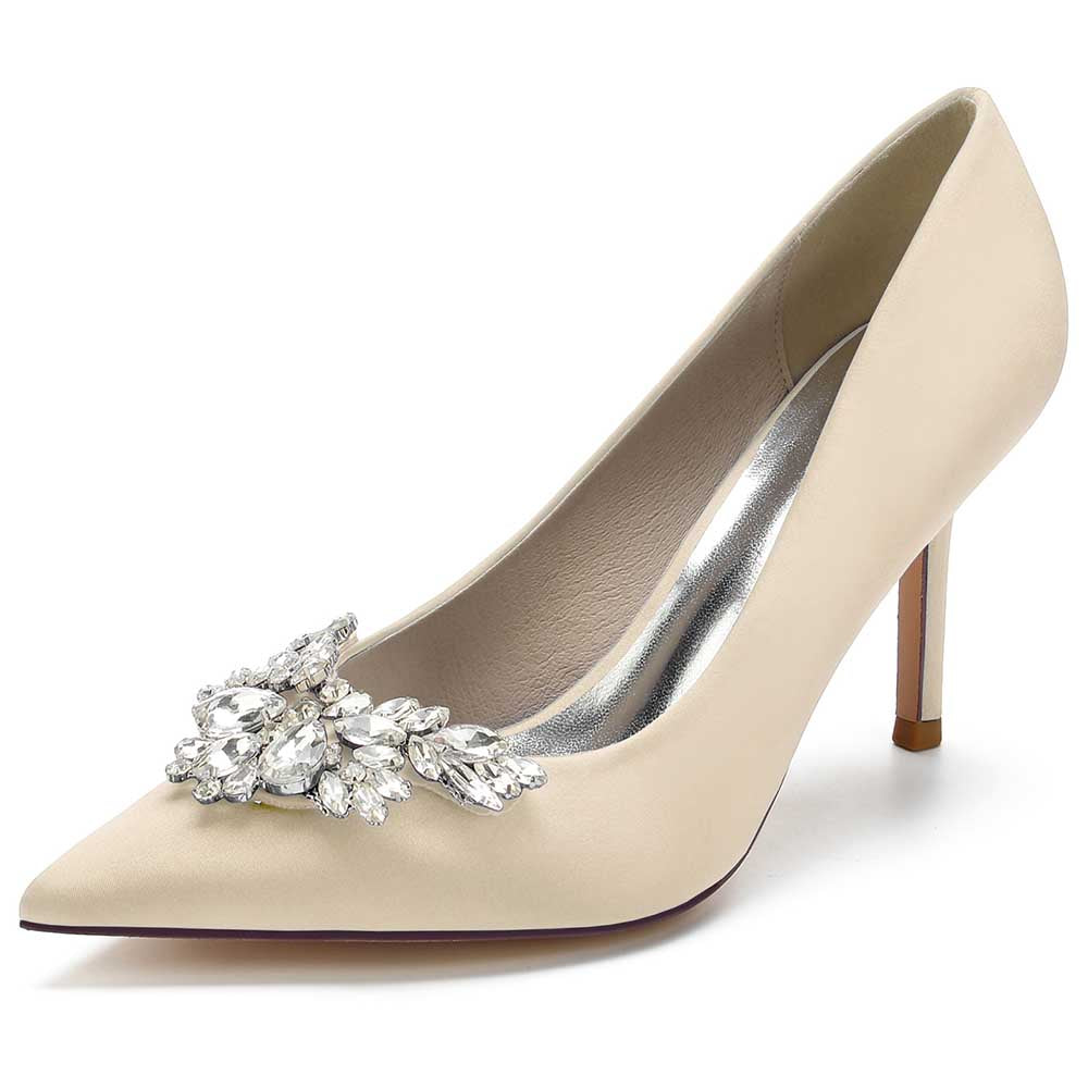 Elegant beige satin rhinestone heels for parties featuring decorative embellishments for a glamorous look