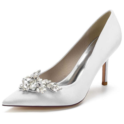 Elegant white satin rhinestone heels for parties featuring a decorative rhinestone embellishment
