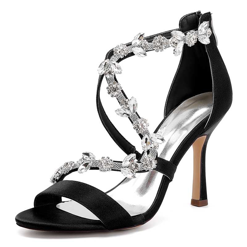 Black satin rhinestone wedding heels with elegant crystal embellishments and high stiletto heel