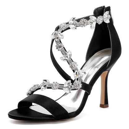 Black satin rhinestone wedding heels with elegant crystal embellishments and high stiletto heel