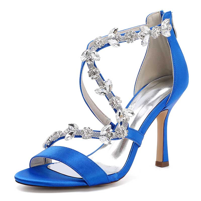 Elegant blue satin rhinestone wedding heels with floral embellishments and a stylish stiletto design