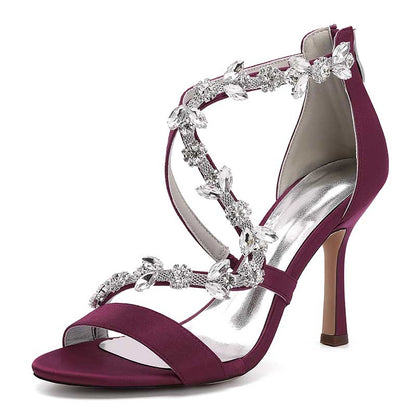 Elegant satin rhinestone wedding heels in burgundy with sparkling embellishments and a chic design