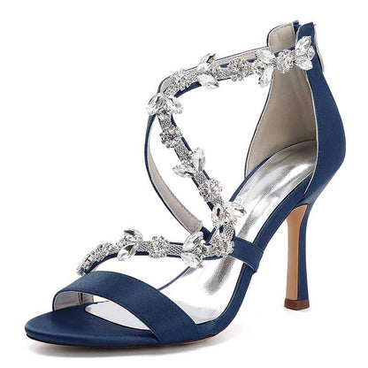 Elegant satin rhinestone wedding heels with crystal embellishments in navy blue for brides