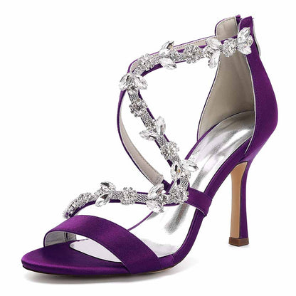 Elegant purple satin rhinestone wedding heels with intricate floral embellishments