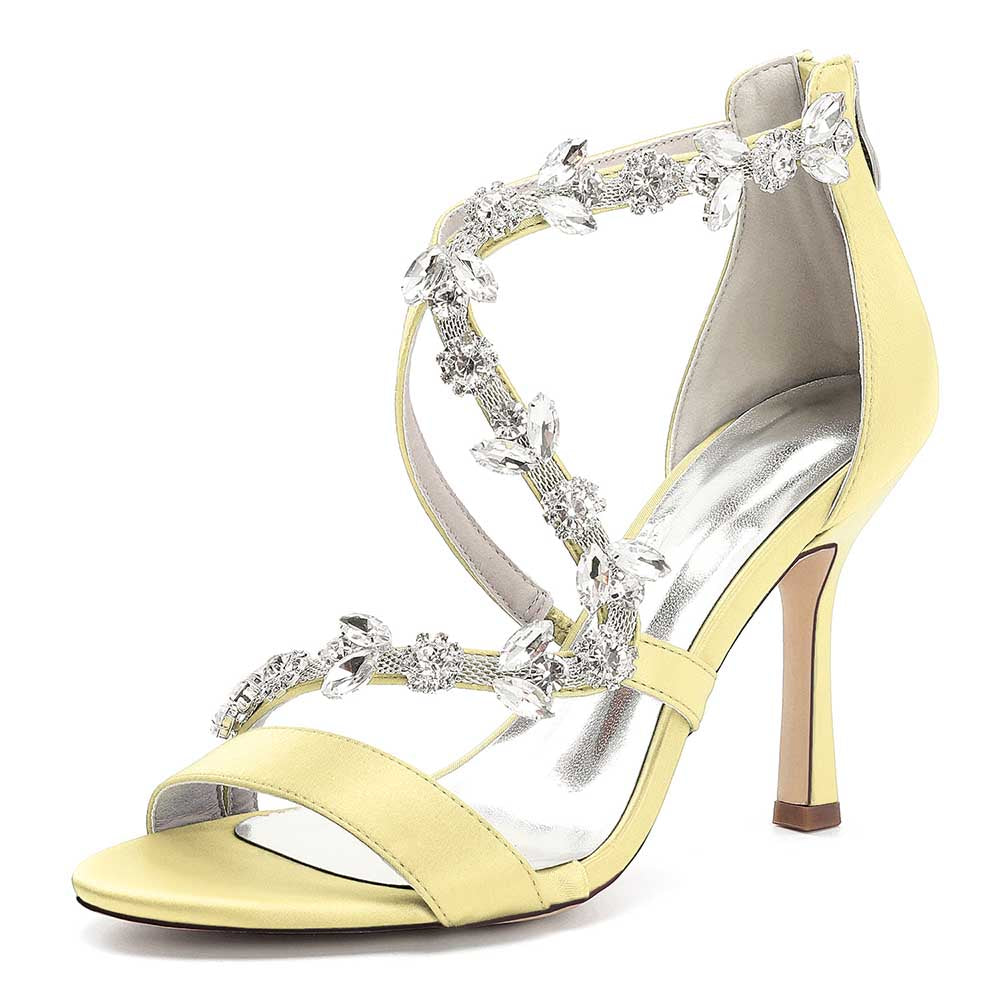 Satin rhinestone wedding heels in yellow with elegant crystal embellishments for bridal elegance