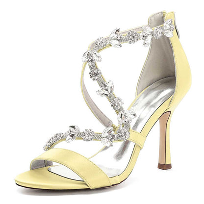 Satin rhinestone wedding heels in yellow with elegant crystal embellishments for bridal elegance