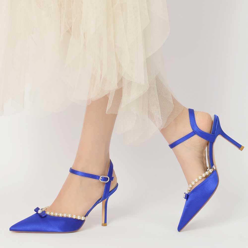 Elegant blue satin stiletto heels with pearls featuring a stylish ankle strap for a chic look