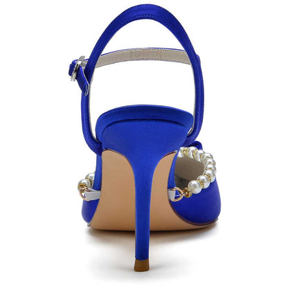 Elegant blue satin stiletto heels with pearls, featuring an adjustable ankle strap for a stylish look