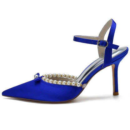SD Dresscode satin stiletto heels with pearls in blue featuring a pointed toe and elegant ankle strap