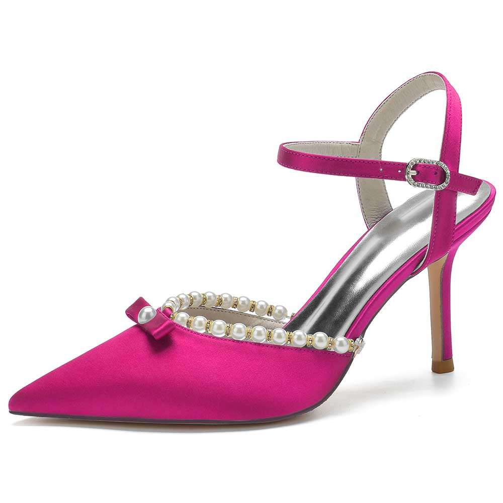 Pink satin stiletto heels with pearls and a stylish bow for elegant occasions
