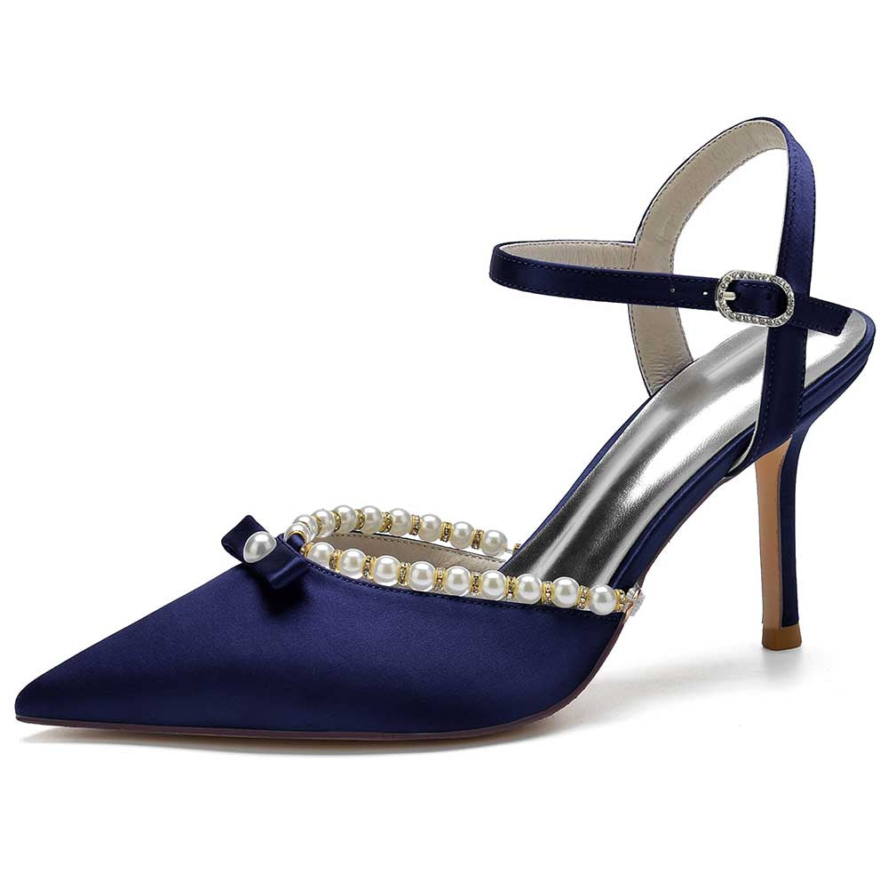 Elegant navy satin stiletto heels with pearls and a chic bow detail for sophisticated occasions