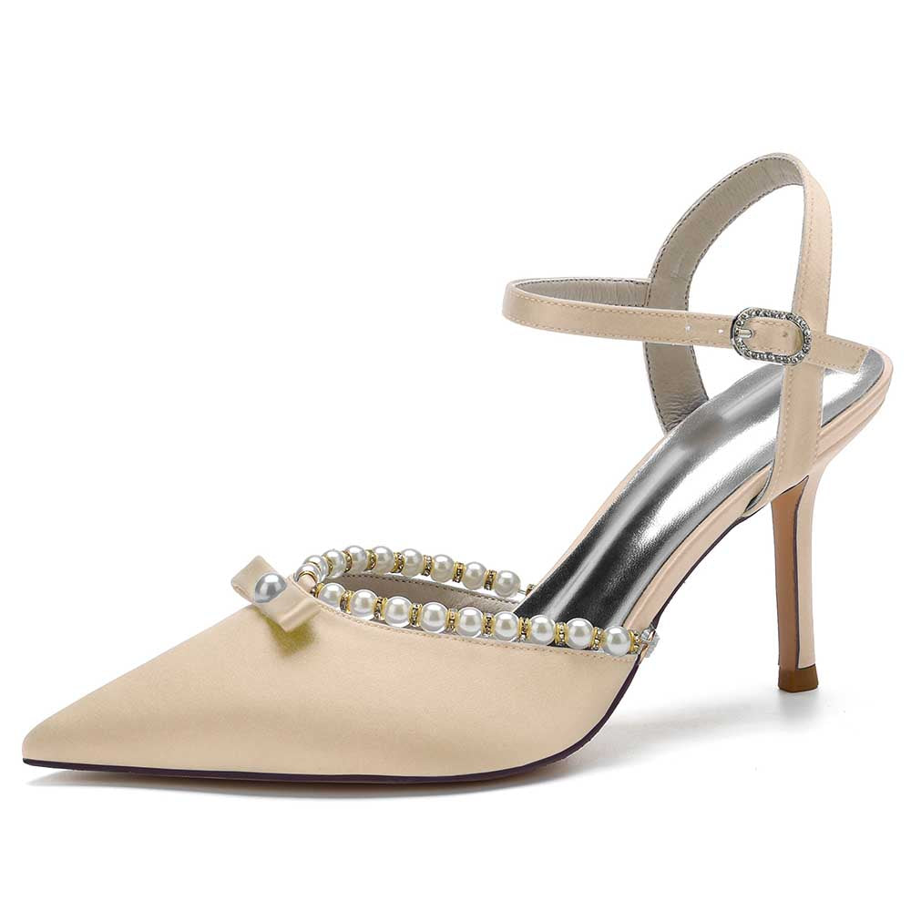 Beige satin stiletto heels with pearls and ankle strap for elegant style and comfort
