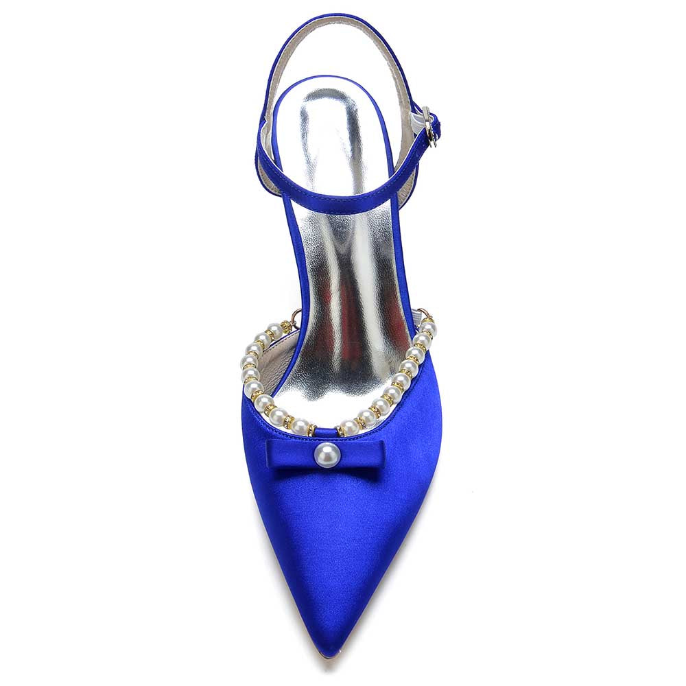 SD Dresscode satin stiletto heels with pearls in blue featuring adjustable ankle strap and bow detail