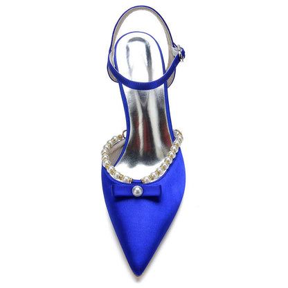 SD Dresscode satin stiletto heels with pearls in blue featuring adjustable ankle strap and bow detail