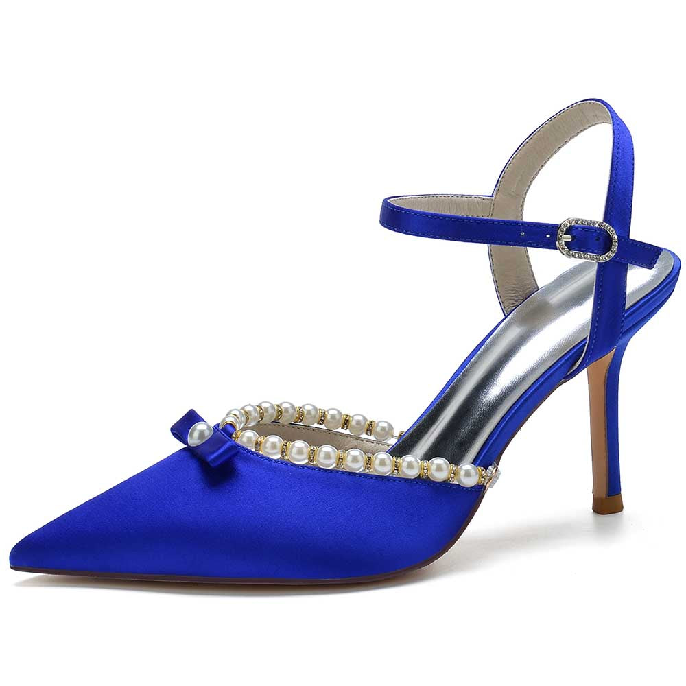 Elegant blue satin stiletto heels with pearls, featuring a delicate bow and ankle strap for a chic look