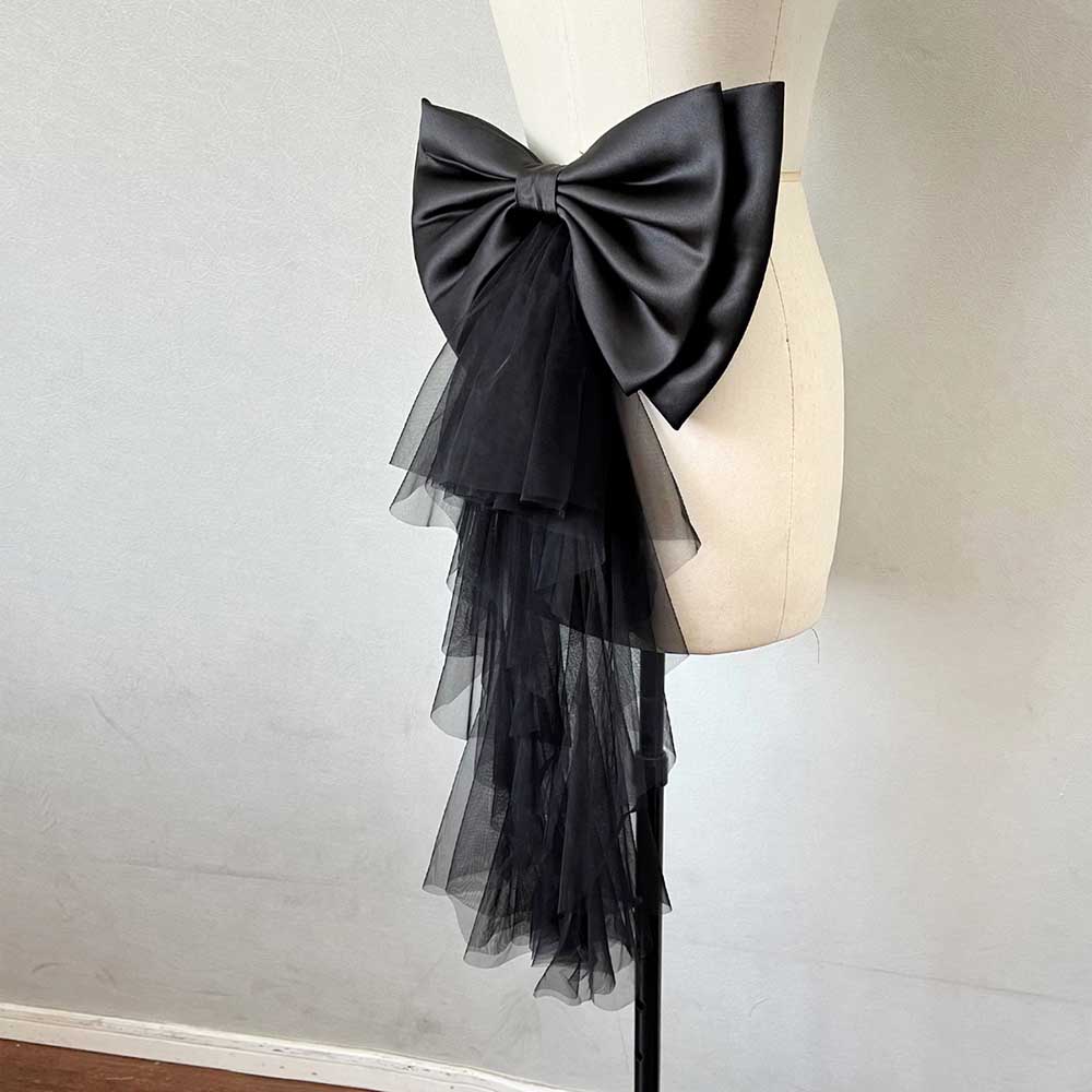 Elegant black satin wedding bow for bridal dress with tulle accents for a unique bridal look