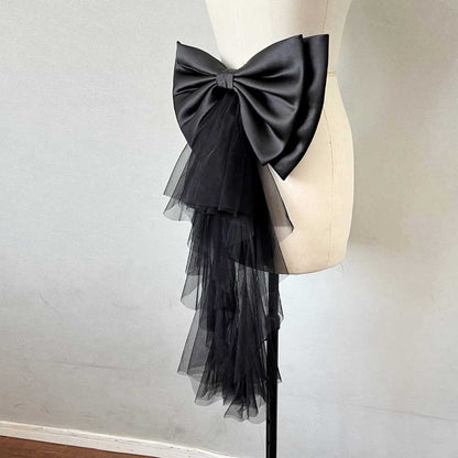 Elegant black satin wedding bow for bridal dress with tulle accents for a unique bridal look