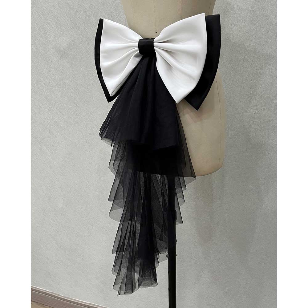Satin wedding bow for bridal dress in black and white with layered tulle detailing