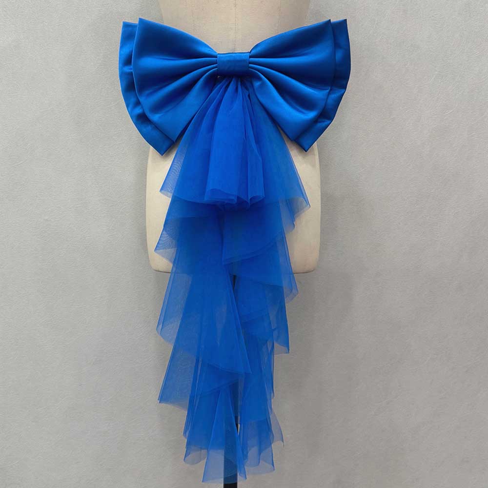 Blue satin wedding bow for bridal dress with layered tulle tail, perfect for wedding elegance