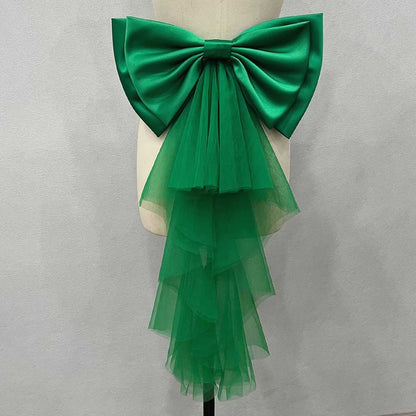 Green satin wedding bow for bridal dress with layered tulle trailing design for a stylish touch
