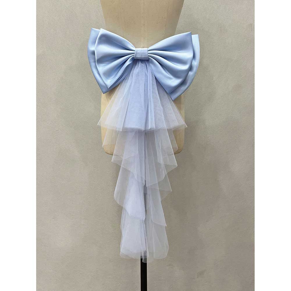 Light blue satin wedding bow for bridal dress with layered tulle design, perfect for enhancing elegance