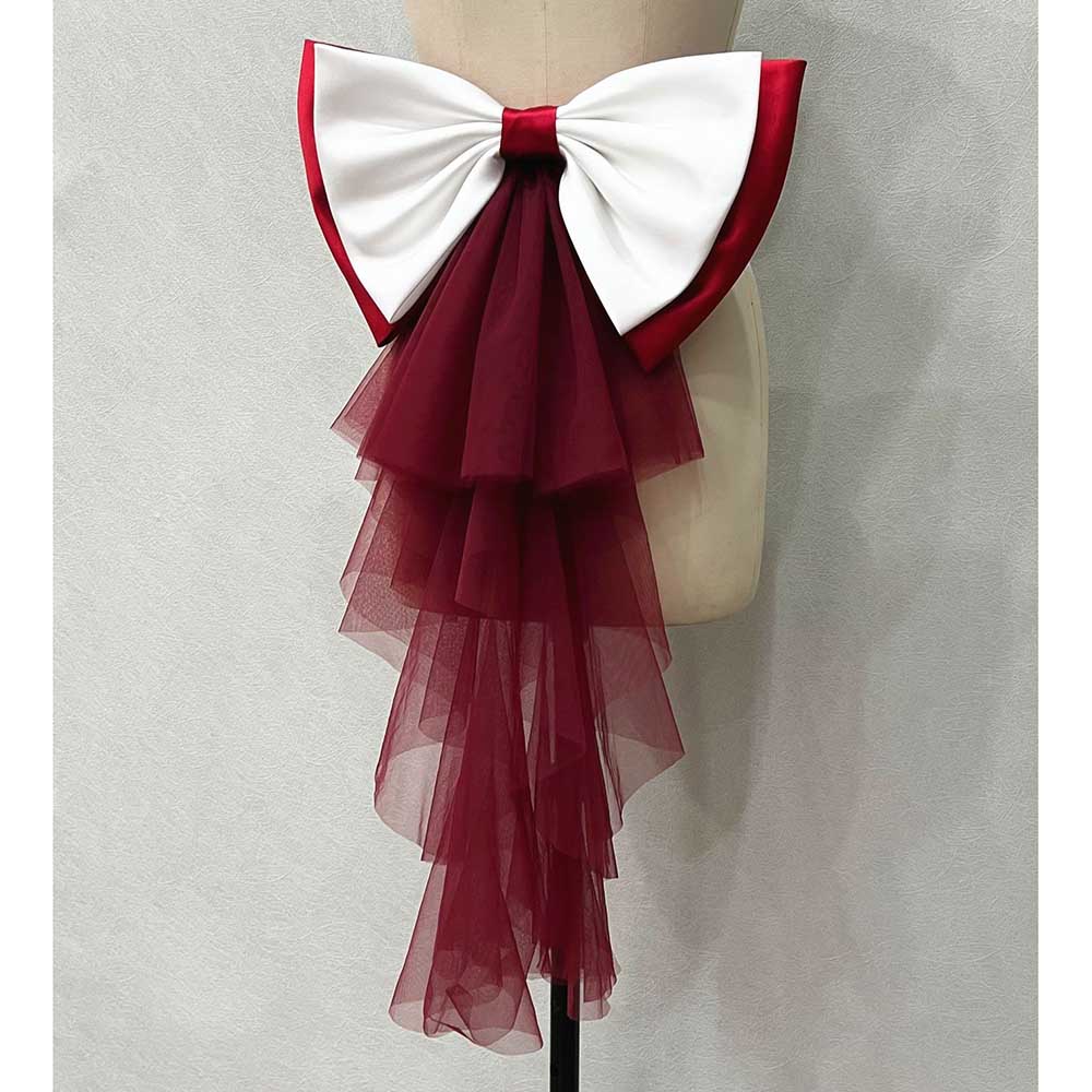 Satin wedding bow for bridal dress featuring a white and maroon design with flowing tulle layers