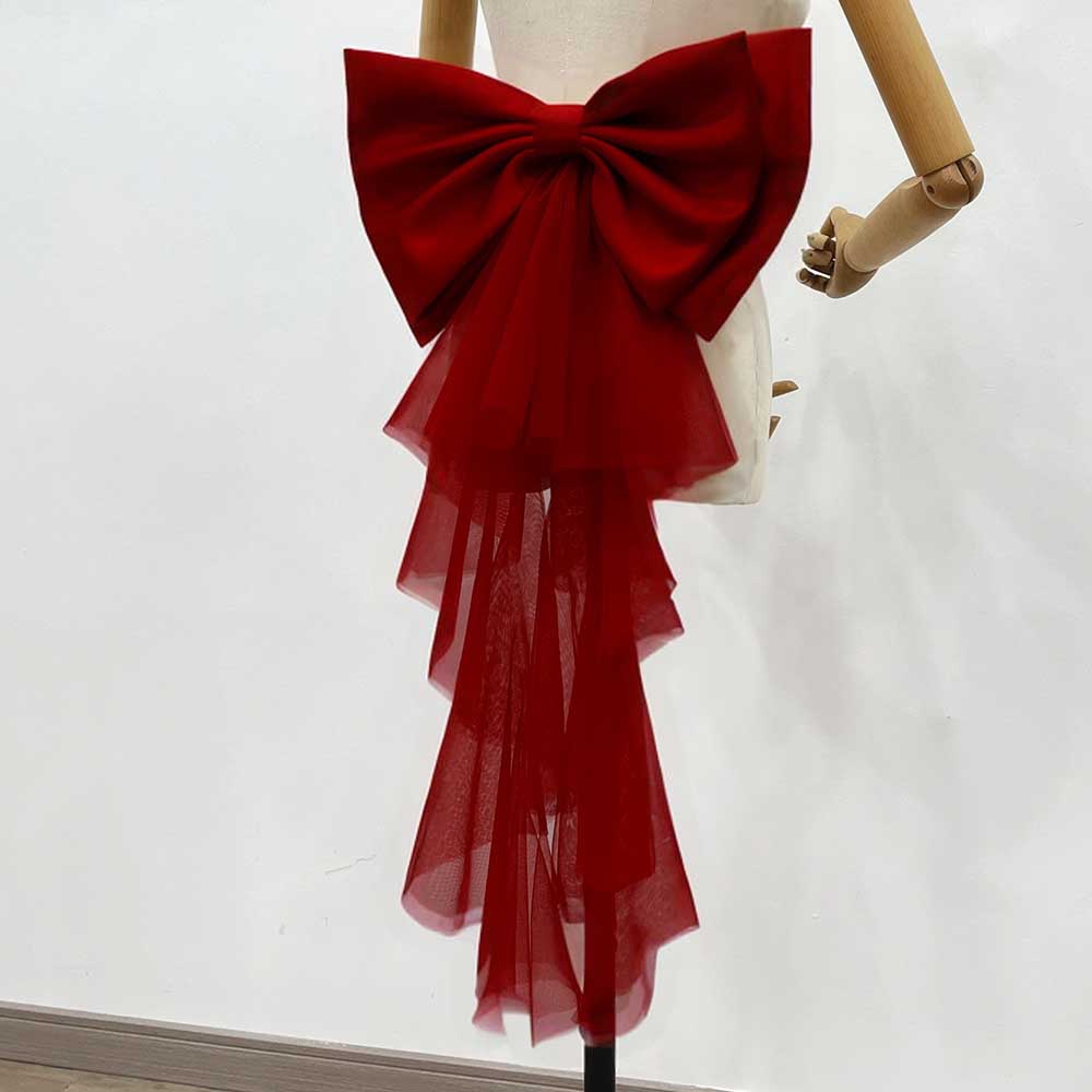 Satin wedding bow for bridal dress in deep red with layered tulle detail