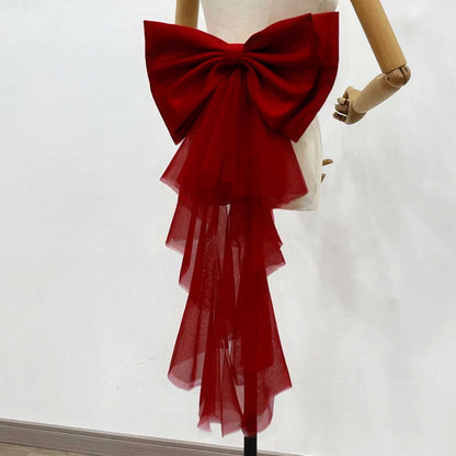 Satin wedding bow for bridal dress in deep red with layered tulle detail