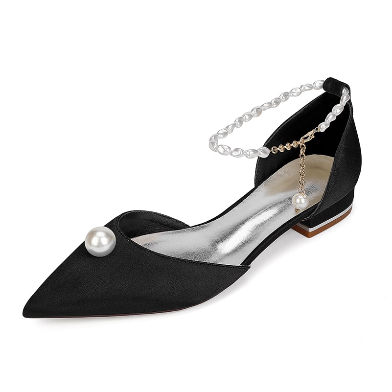Elegant satin wedding flats with pearls featuring a pointed toe and ankle strap for a stylish look