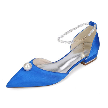 Elegant blue satin wedding flats with pearls and ankle strap for stylish bridal looks