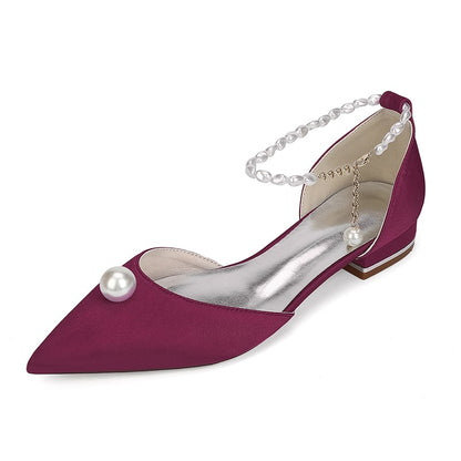 Elegant satin wedding flats with pearls in burgundy, featuring a stylish pointed toe and ankle strap