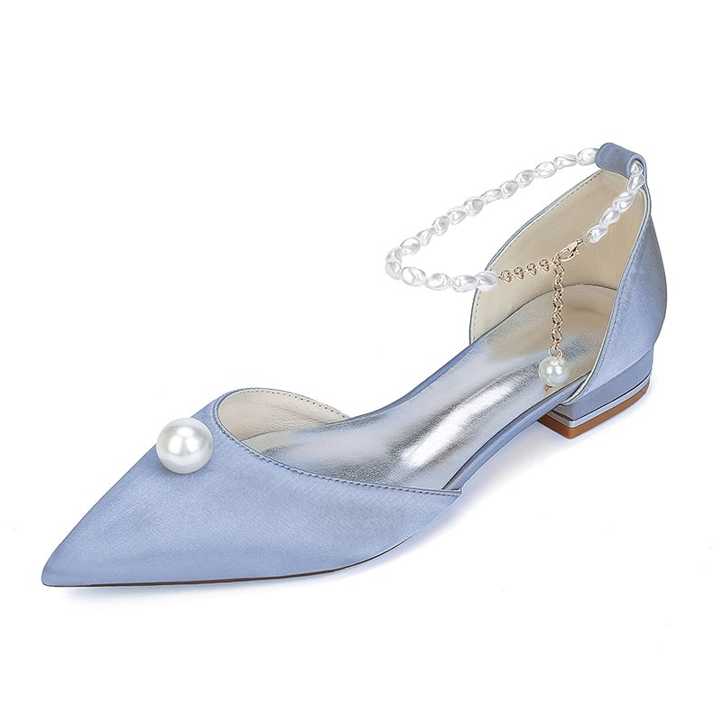 Sky blue satin wedding flats with pearls and elegant ankle strap for bridal occasions
