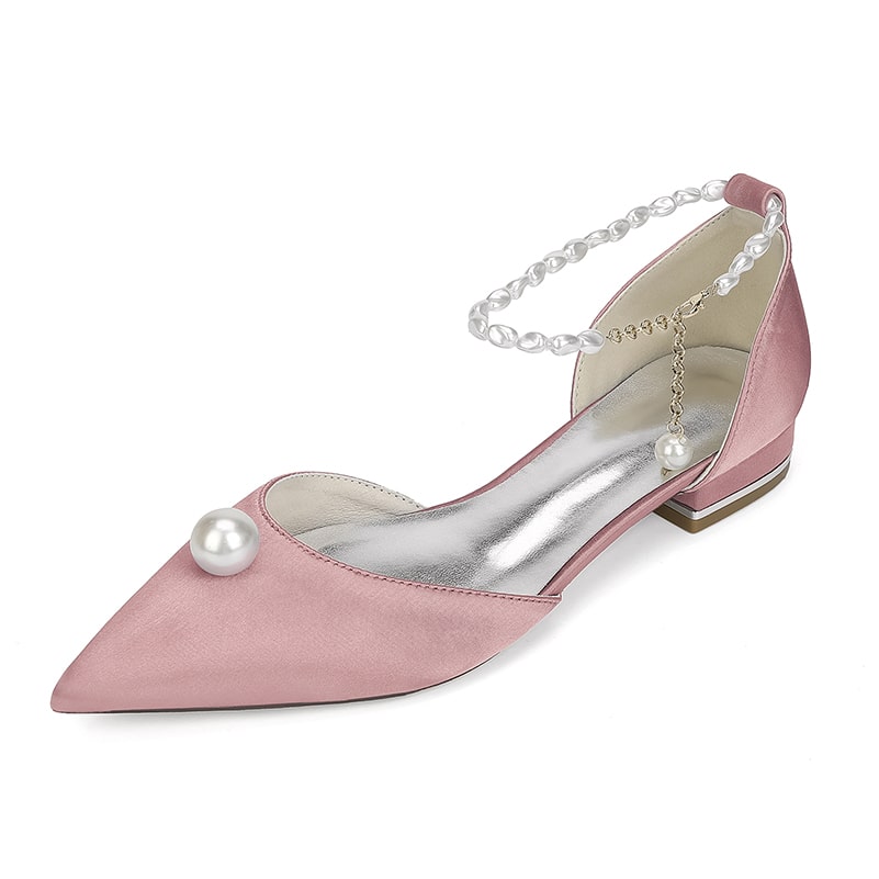 Pink Satin Wedding Flats with Pearls, Pointed Toe and Elegant Ankle Strap Design