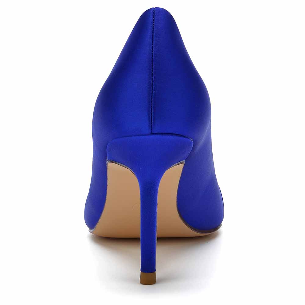 Elegant blue satin wedding heels closed toe with a sleek pointed design and high stiletto heel