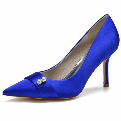 Elegant satin wedding heels closed toe in royal blue with a stylish pointed toe design