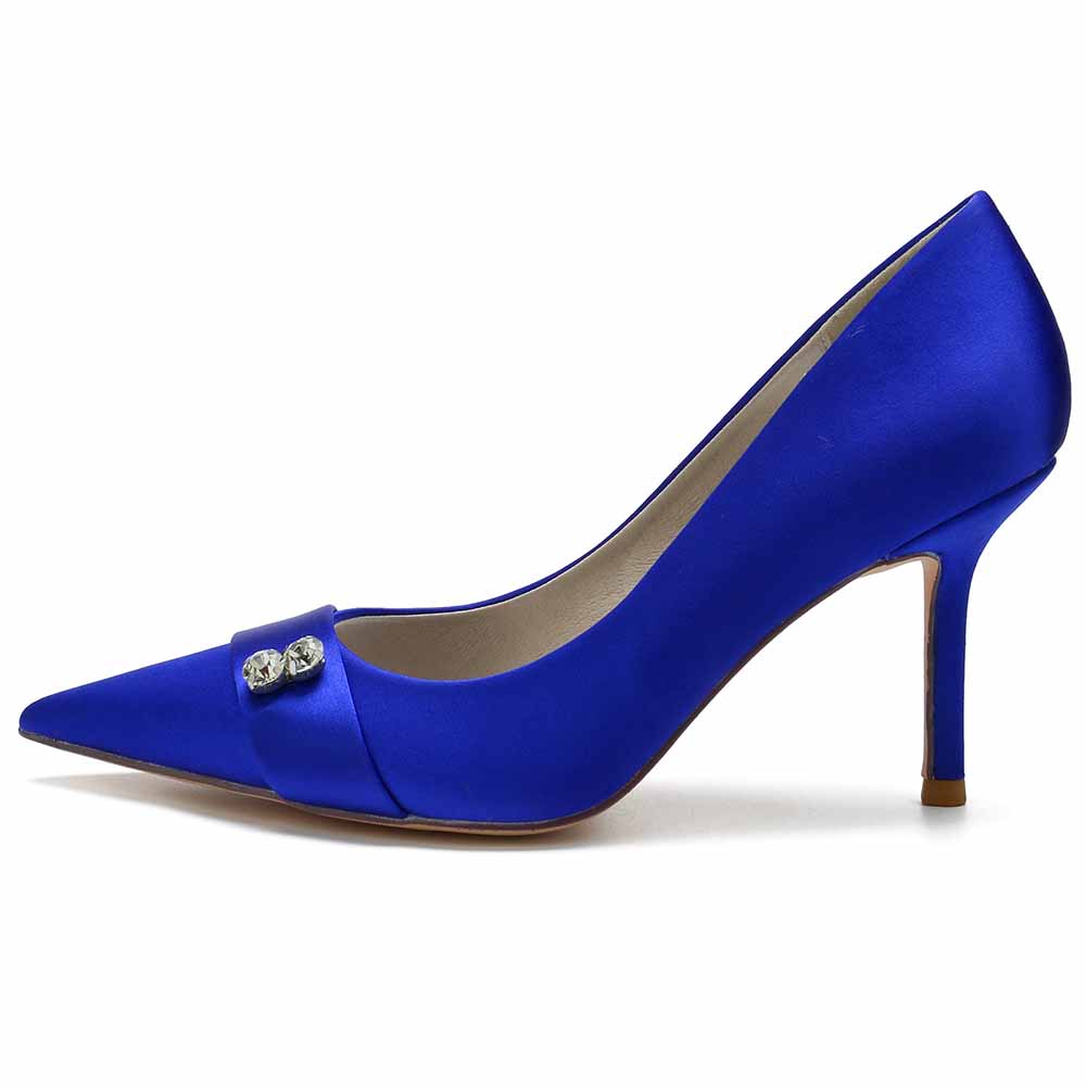 Royal blue satin wedding heels closed toe with elegant embellishments, perfect for brides