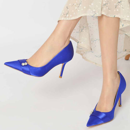 Elegant blue satin wedding heels closed toe with a stylish pointed design and delicate embellishments