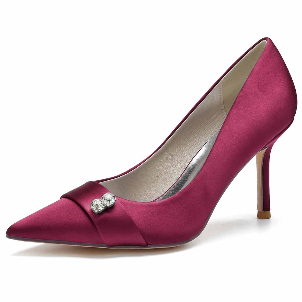 Satin wedding heels closed toe in burgundy with a stylish pointed design and elegant embellishment