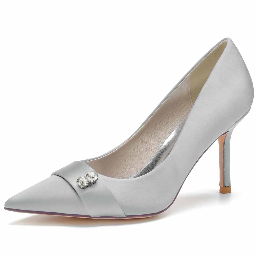 Elegant satin wedding heels closed toe in silver with a subtle gem accent for bridal elegance