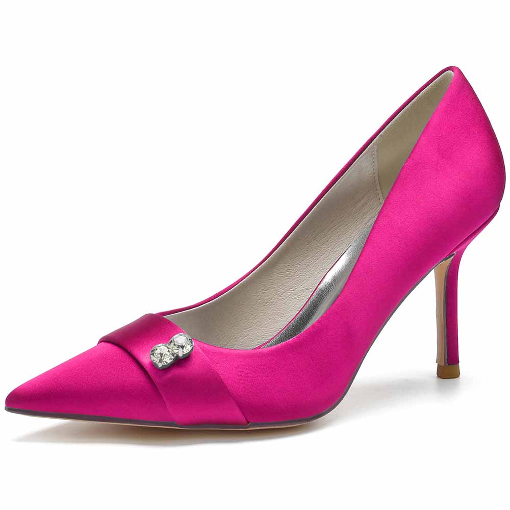 Fuchsia satin wedding heels closed toe with stylish bow and embellishments for special occasions