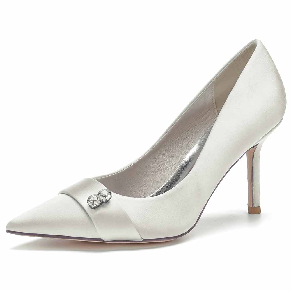Elegant  satin wedding heels closed toe with a delicate embellishment for bridal sophistication