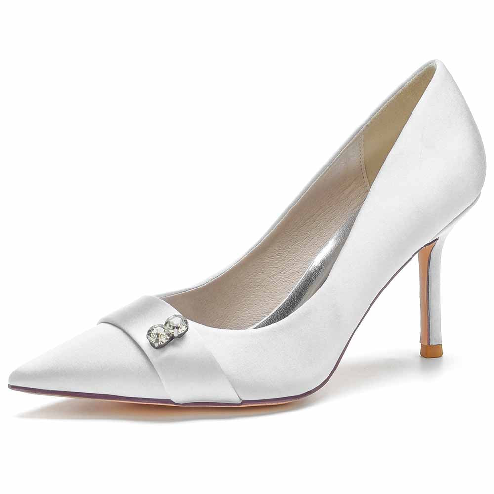 Elegant satin wedding heels closed toe with a stylish bow and gem detail for the perfect bridal look