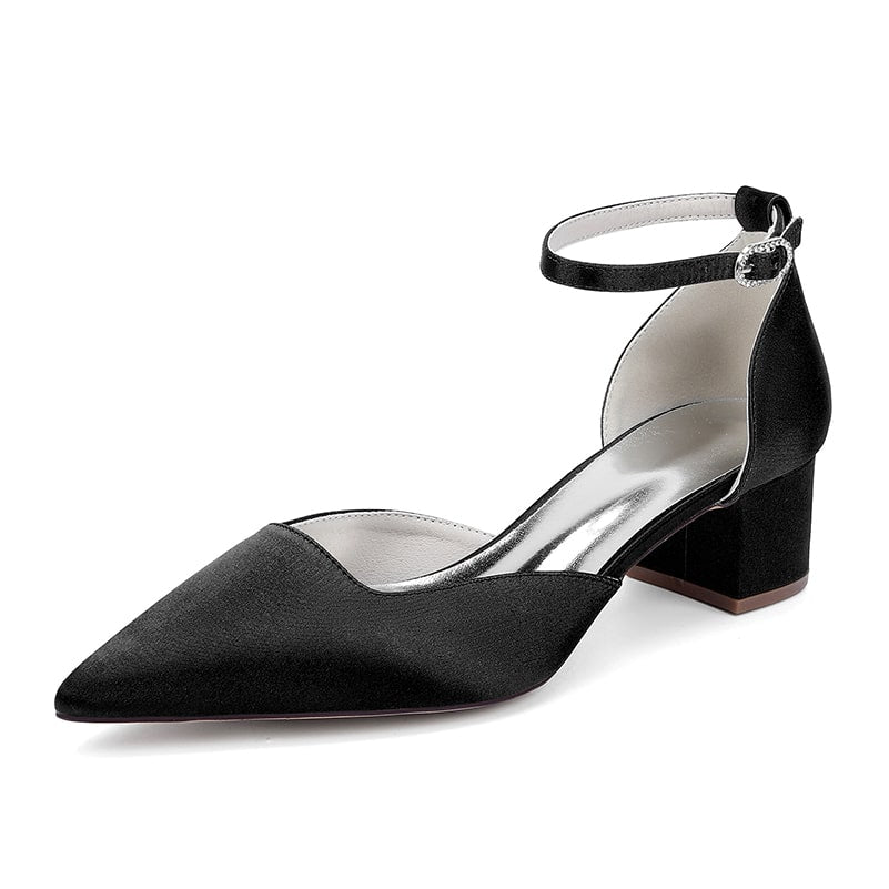 Elegant black satin wedding shoes for bride with ankle strap and block heel design