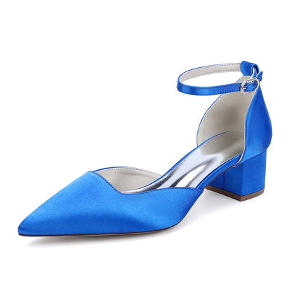 Blue satin wedding shoes for bride with ankle strap and block heel for elegant style