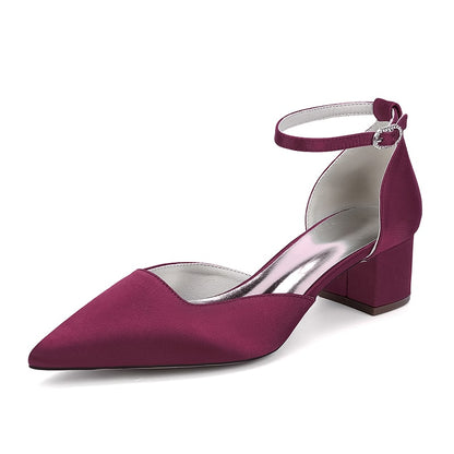 Burgundy satin wedding shoes for bride with ankle strap and chunky heel for stylish comfort