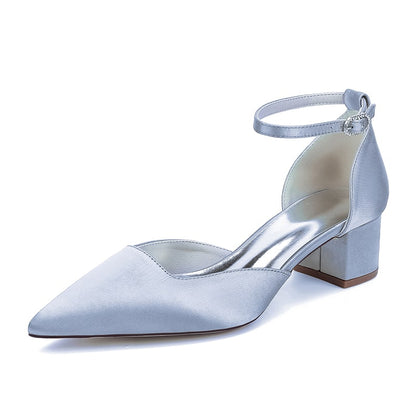 Light blue satin wedding shoes for bride with ankle strap and block heel design