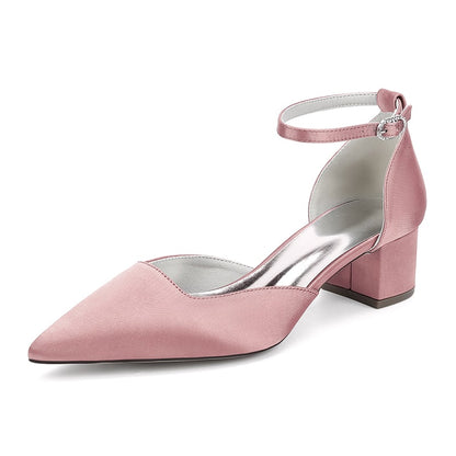 Pink Satin Wedding Shoes for Bride with Ankle Strap and Block Heel for Elegant Style