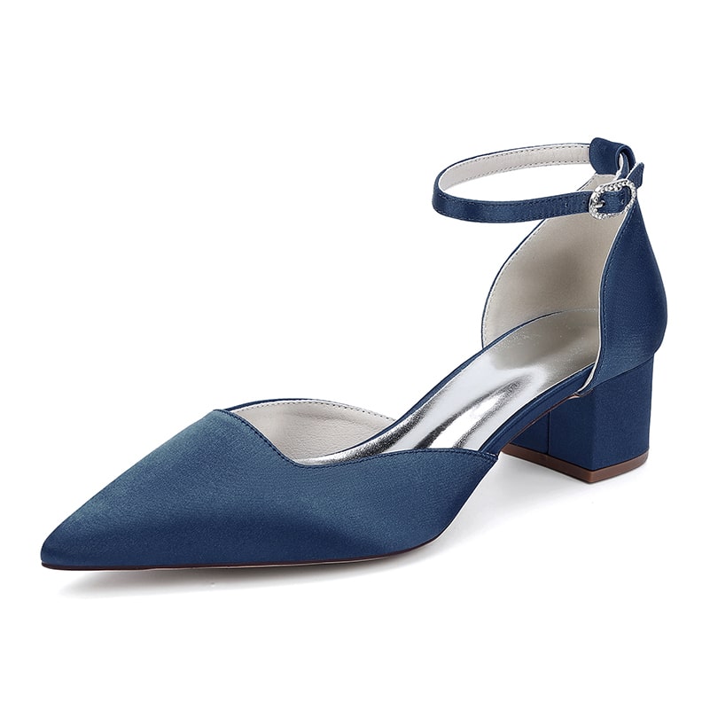 Elegant navy satin wedding shoes for bride with ankle strap and block heel design