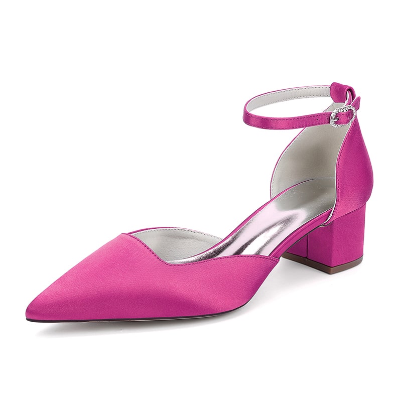 Pink satin wedding shoes for bride with ankle strap and block heel, perfect for a stylish wedding look